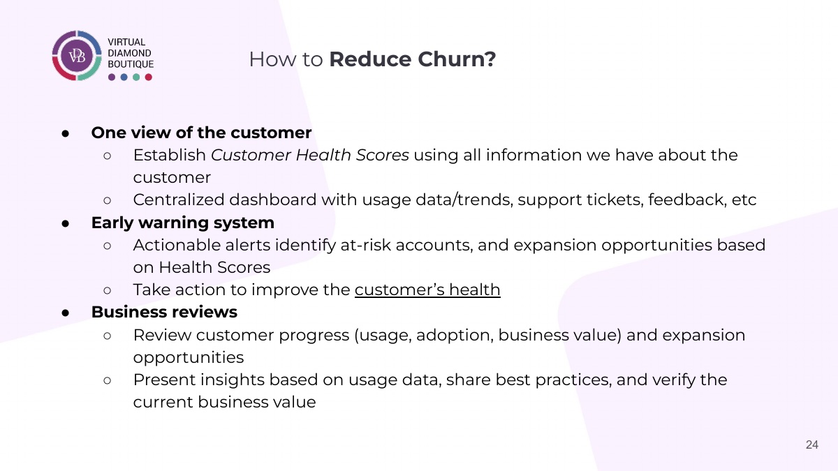 How to reduce churn: one view of the customer, early warning, business reviews